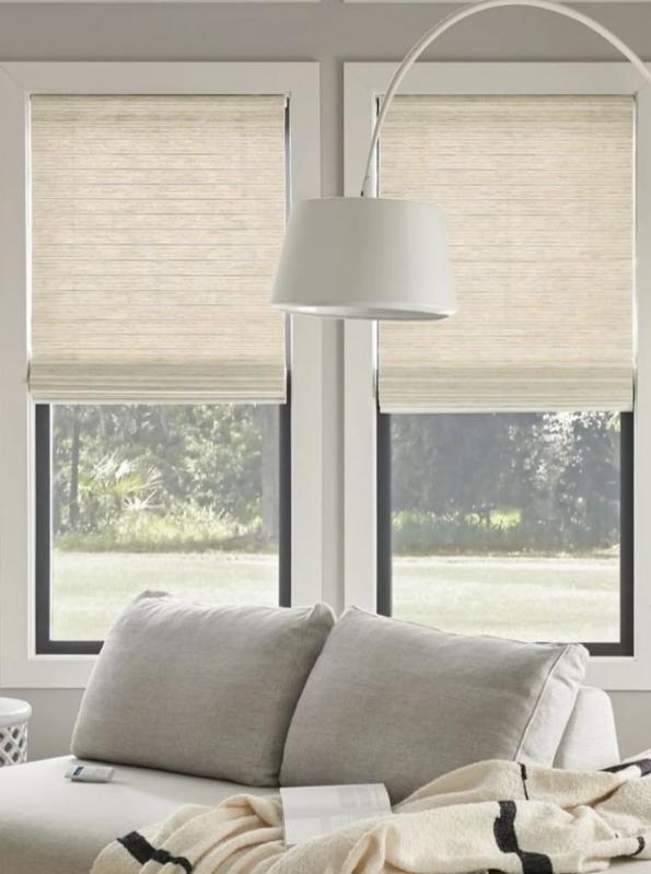 Horizons Natural Woven Shades Hawthorn Apple Blossom in Living Room (1)